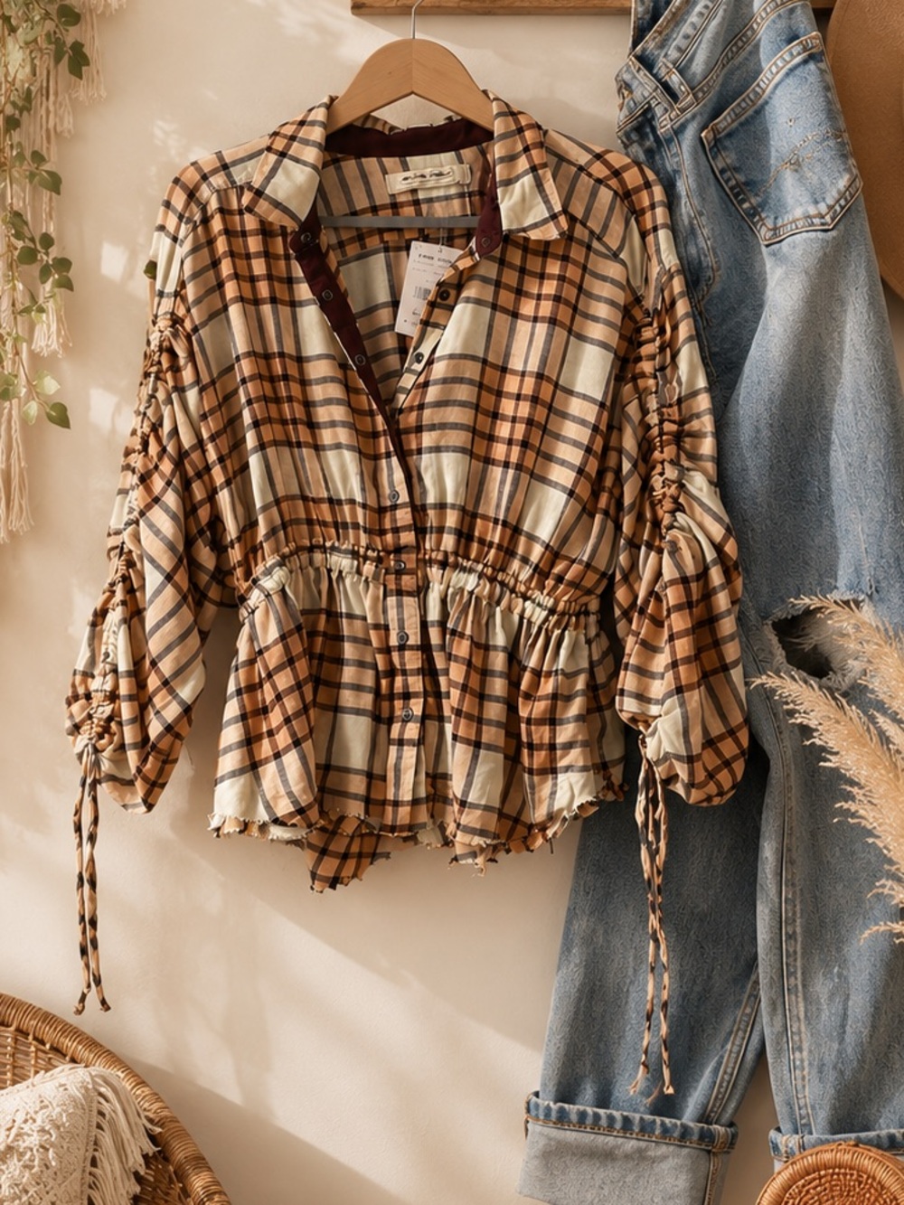 NWT Free People Boho Tan and Cream Plaid Peplum Snap Closure Top Large